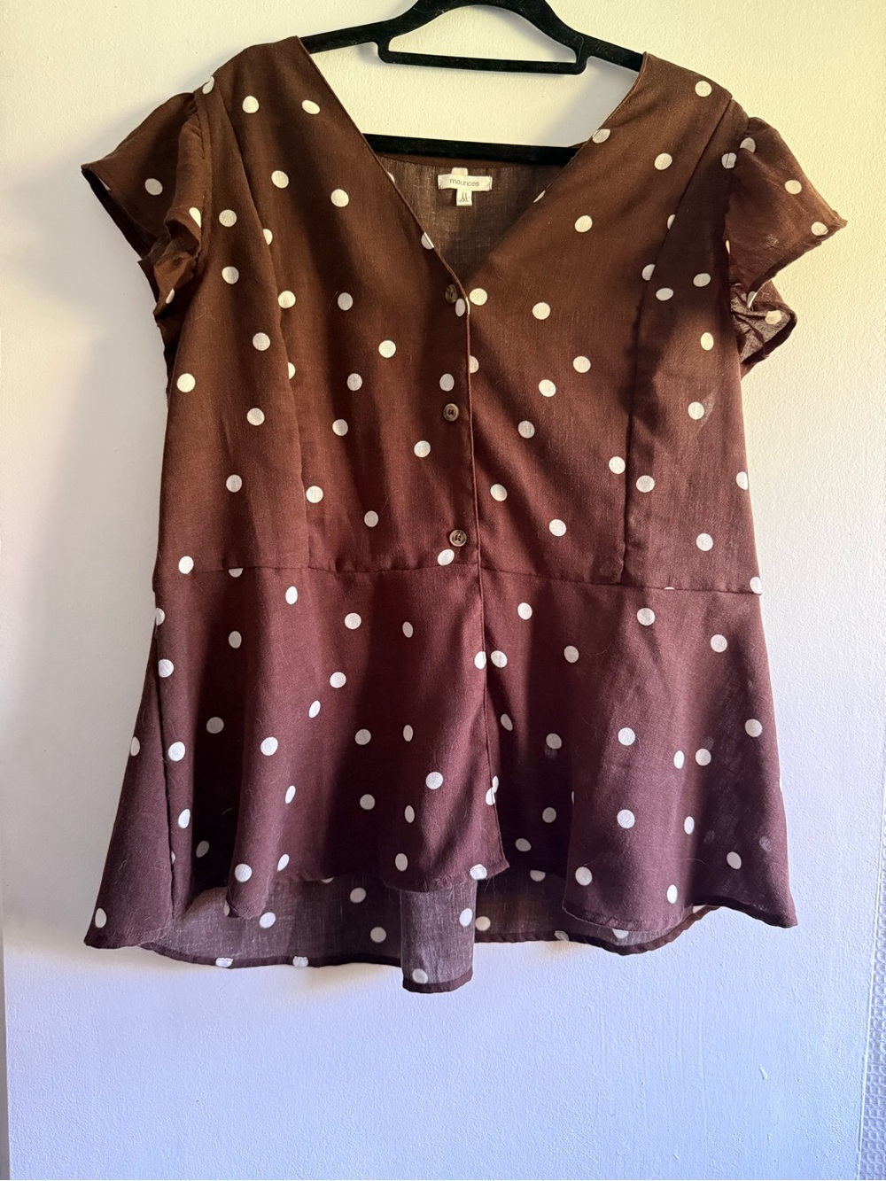 Maurices Brown Polka Dot Peplum V-Neck Top